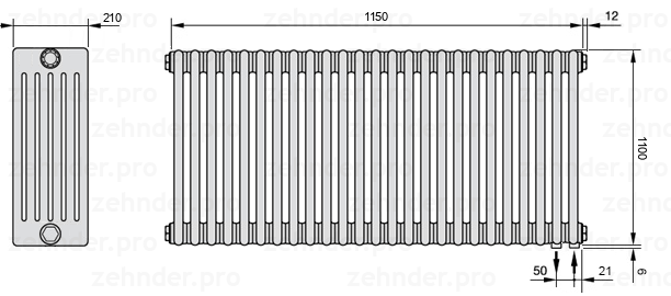 Схема (чертеж) Радиатор Zehnder Charleston 6110/25 №5510 Белый глянцевый RAL 9016
